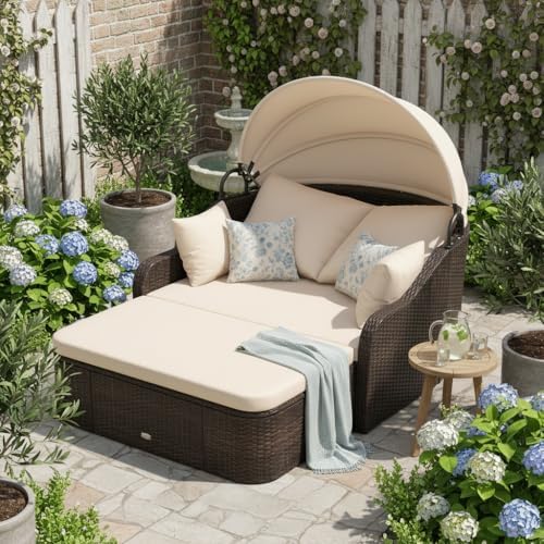 tangkula pe rattan patio daybed with retractable canopy shown in use