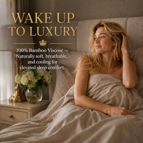 luxury bed sheet set, taupe, queen (u.s. standard) shown in use