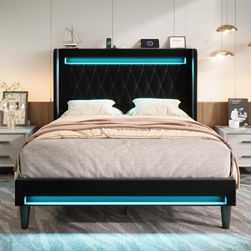 allewie queen size upholstered bed frame with led, close-up detail