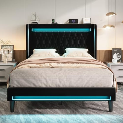 allewie queen size upholstered bed frame with led, close-up detail