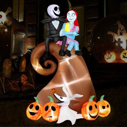 6FT Halloween Outdoor inflatables Decorations - Blow Up Hill Skeleton Couple with Pumpkin Decor with LED Lights,Yard Halloween Party Decorations