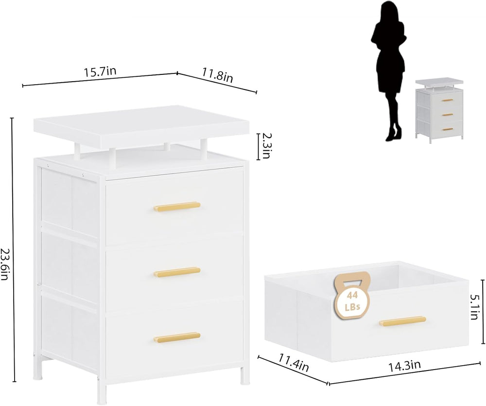 DreamDashio Nightstand with LED Lights, 3 Fabric Storage Drawers, Bedside Tab...