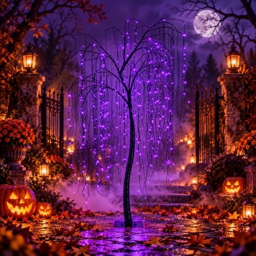7 FT Halloween Lighted Willow Tree 256 LED Purple Lights Artificial Weeping Willow Tree with 6 Spiders Outdoor Indoor Decoration Christmas Festival Decor