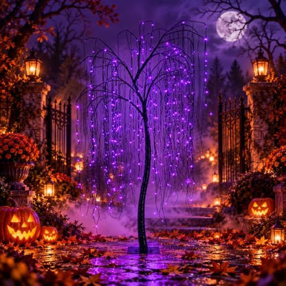 7 FT Halloween Lighted Willow Tree 256 LED Purple Lights Artificial Weeping Willow Tree with 6 Spiders Outdoor Indoor Decoration Christmas Festival Decor