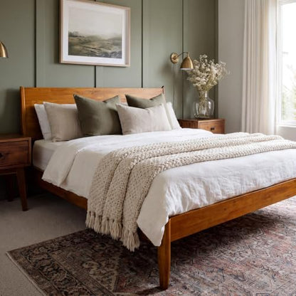 acacia haven queen bed frame and headboard, platform, close-up detail