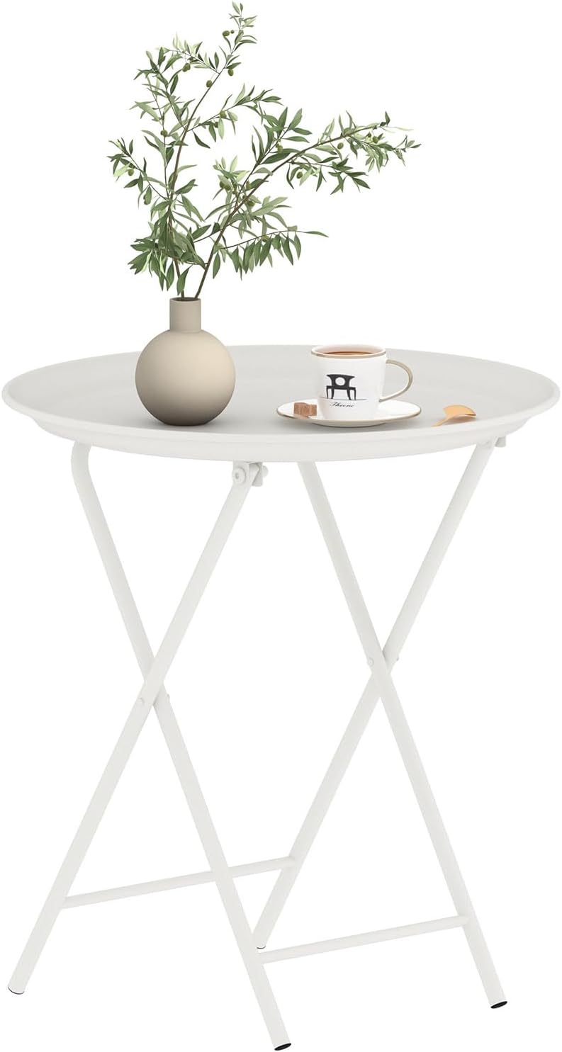 Garden 4 you Folding TV Tray Table, Metal Round Side Table, White Dinner Tabl...