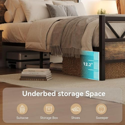 immerstable queen bed frame, 51.2" tall industrial headboard showing dimensions
