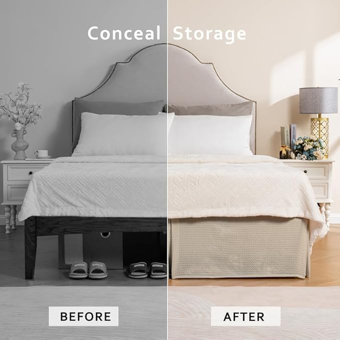 MIYE Pleated Waffle Weave Bed Skirt, Tailored Dust Ruffle 18 Inch Drop Easy Fit - Image 4