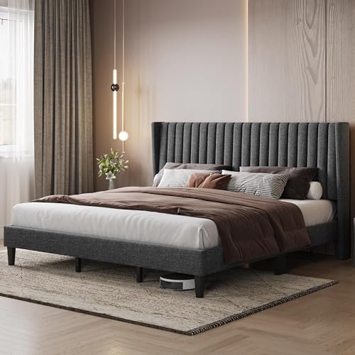 yaheetech king bed frame with headboard, dark gray, close-up detail