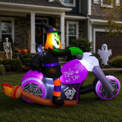 7FT Gaint Halloween Inflatables Witch on Motorcycle with Black Cat,Blow Up Outdoor Decorations with LED for Yard,Lawn, Garden, Porch and Party