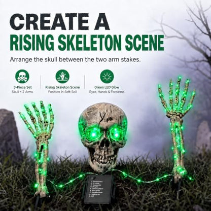 Halloween Decoration Outdoor, 3-Piece Green LED Skeleton Stake Set