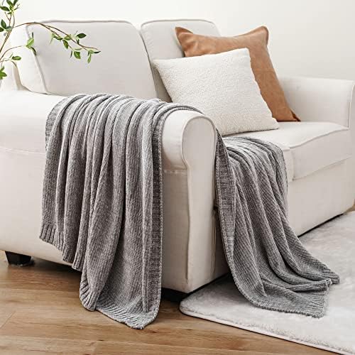 chenille throw blanket for couch sofa, light grey, close-up detail