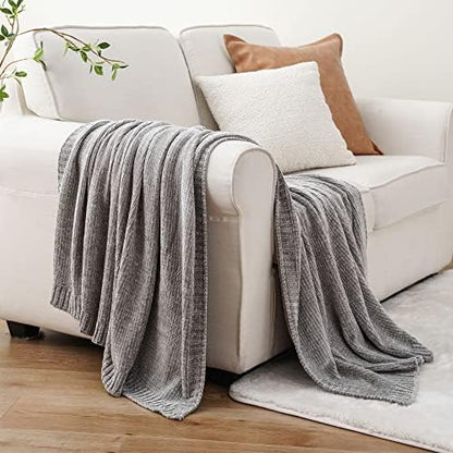 chenille throw blanket for couch sofa, light grey, close-up detail