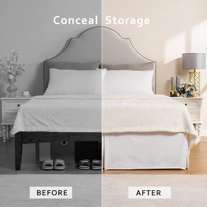 MIYE Pleated Waffle Weave Bed Skirt, Tailored Dust Ruffle 12 Inch Drop Easy Fit - Image 4