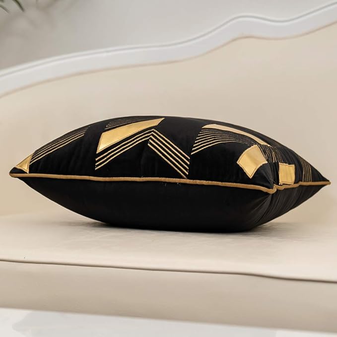 Alerfa 12 x 20 Inches Black Geometric Gold Leather Striped Cushion Cases - Image 3