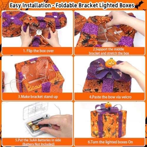 3 Pieces Lighted Boxes Halloween Decorations, Lighted Gift Boxes with Bat,Spider Web,Broom & Pumpkin Print, Foldable Light up Boxes with Pumpkin Bow for Yard, Patio, Haunted House Décor