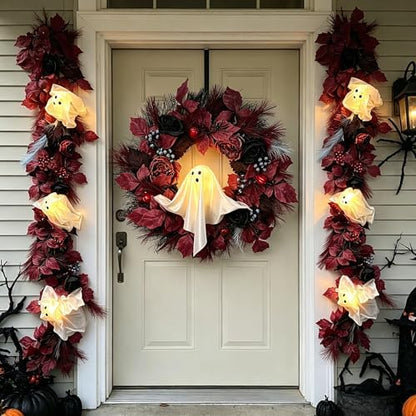 HipTree 20 Inch Lighted Ghost Halloween Wreath for Front Door