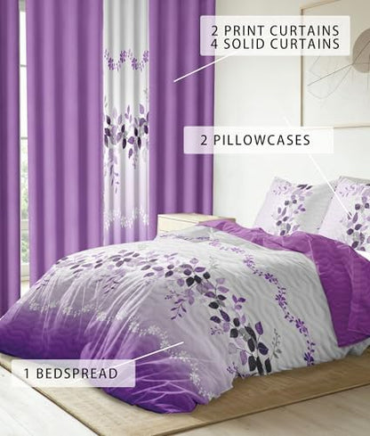 queen size purple bedspread set with curtains, close-up detail