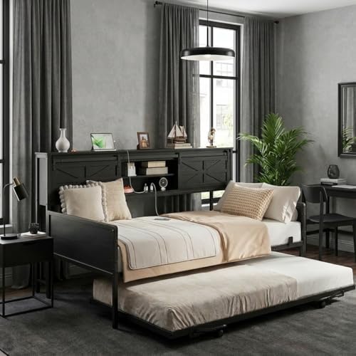 homieasy farmhouse twin daybed with pop-up trundle, black on a desk or shelf