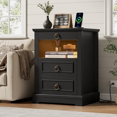 hostack black led nightstand with charging station, 3, main product view