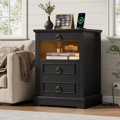 hostack black led nightstand with charging station, 3, main product view