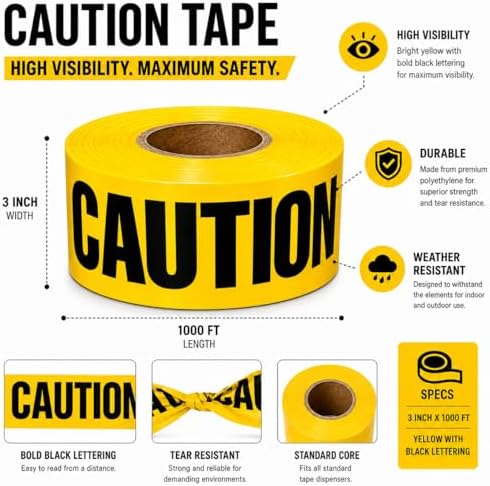 ATERET Premium Yellow Caution Tape 12-Pack 3 inch x 1000 feet, Hazard Safety Tape, Construction Tape for Danger/Hazardous Area, Ideal Use for Halloween Decorations, Party, Work-Site