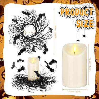 Yunlly 4 Pcs Halloween Candle Rings Wreath Black Black Twig Bat, Bat