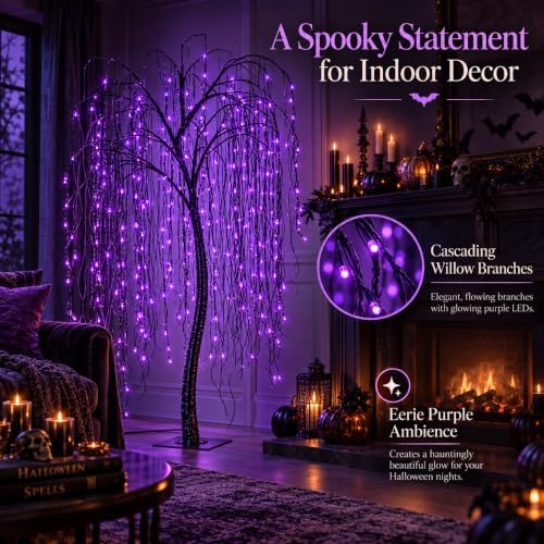 7 FT Halloween Lighted Willow Tree 256 LED Purple Lights Artificial Weeping Willow Tree with 6 Spiders Outdoor Indoor Decoration Christmas Festival Decor