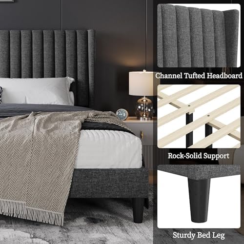 yaheetech king bed frame with headboard, dark gray, side view