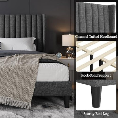 yaheetech king bed frame with headboard, dark gray, side view