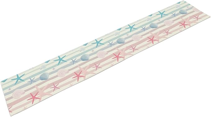 Coastal Starfish Kitchen Table Runner, Colorful Watercolor Blue and Pink Stripe - Image 2