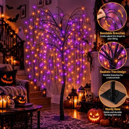 LIGHTSHARE 7 Feet Halloween Willow Tree, 256 LED Lights for Home, Festival, Nativity,Party, and Christmas Decoration,Includes Spiders and White Cobweb,Indoor Outdoor Use,Orange & Purple