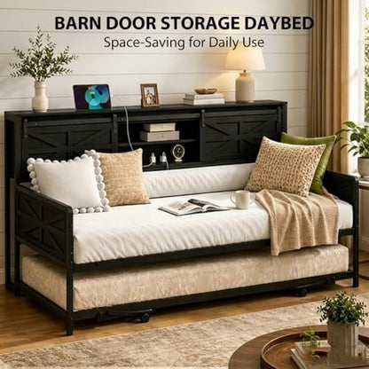 homieasy farmhouse twin daybed with pop-up trundle, black showing dimensions