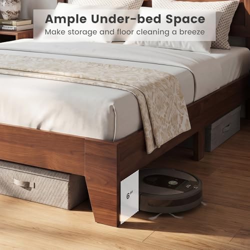 komfott queen size bed frame, mid-century modern platform on a desk or shelf