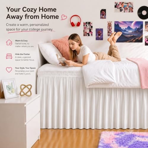 white twin xl college dorm bed skirt 42" showing dimensions