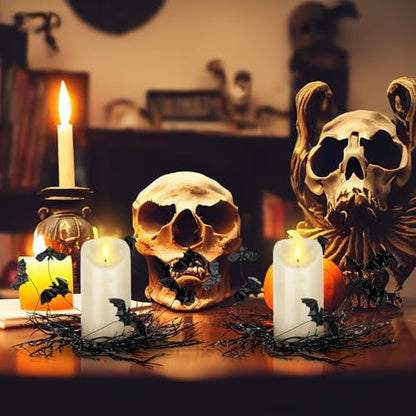 Yunlly 4 Pcs Halloween Candle Rings Wreath Black Black Twig Bat, Bat