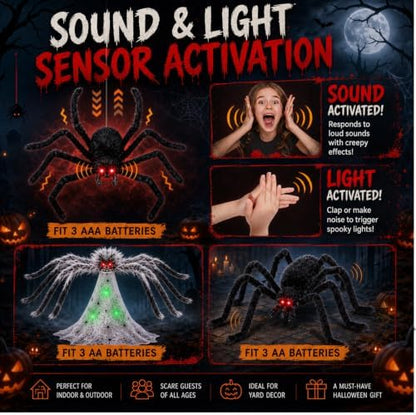 3 Pack 34" Halloween Animatronic Spiders Decor, Jumping Wriggling Climbing