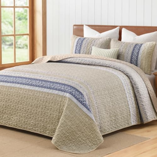 Cottolester Queen Quilt Bedding Set,Beige Blue Patchwork Striped Bedspread