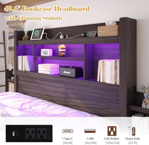 luxoak queen bed frame with bookcase headboard &, side view