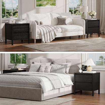 hourom 2 pcs black nightstand set for bedroom showing dimensions