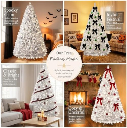 Prelit White Christmas Tree 6ft - White Halloween Tree with 300 LED Lights, 726 PVC Branches, Halloween & Xmas Tree for Holiday Decorations, Metal Stand and Hinged Branches
