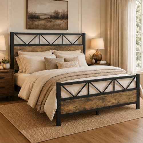 immerstable queen bed frame, 51.2" tall industrial headboard, front angle view