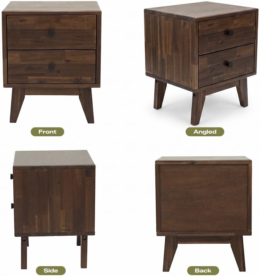 Acacia Silvia Nightstand with 2 Drawers, Solid Wood Bedside Table, Table with...