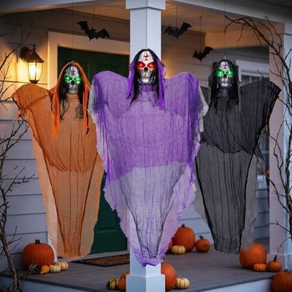 3 Packs Halloween Decorations Outdoor - BCLGSHINE Lighted Giant Hanging Skeleton Decorations, 5.5 ft Scary Halloween-Ghost Lights for Porches, Party, Yards, Gardens, Lawn