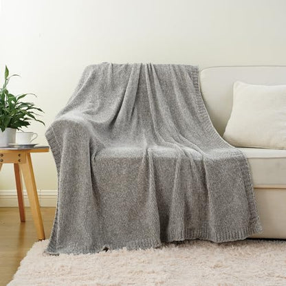 chenille throw blanket for couch sofa, light grey shown in use