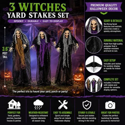 Fun Express Halloween Witches Outdoor Yard Stakes Decor, 3.6ft, 3pc