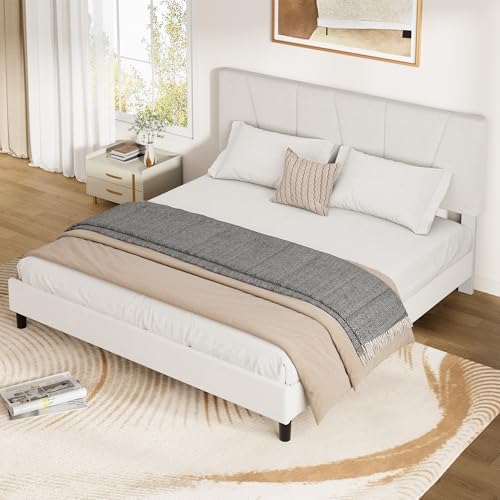 king size upholstered platform bed frame with adjustable, front angle view