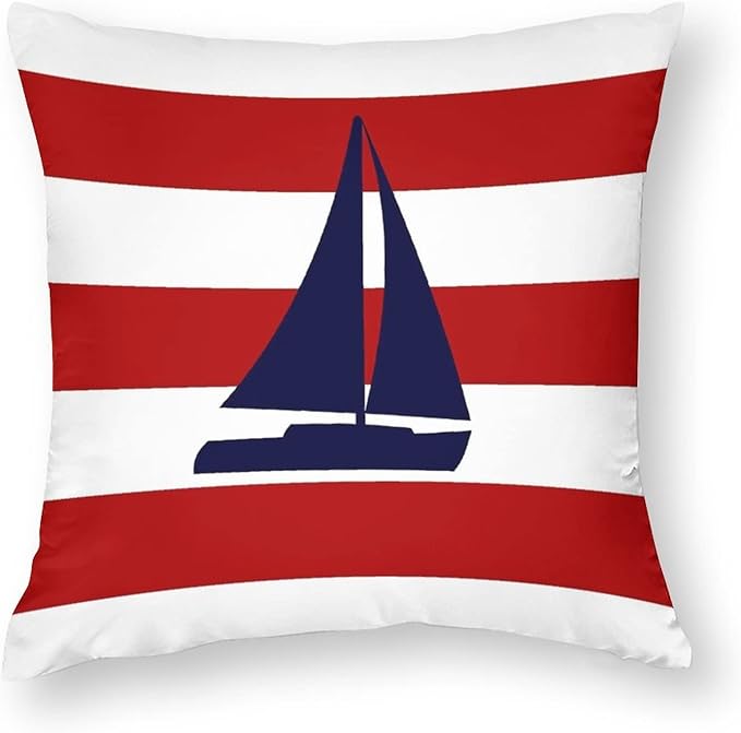 Myshe Square Nautical Navy Blue Sailboat On Red Stripes Throw Pillow Cover by Myshe
