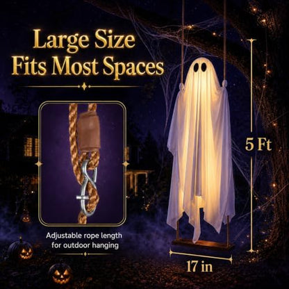 5FT Large Outdoor Halloween Decorations Swing Hanging Ghost for Porch, Yard