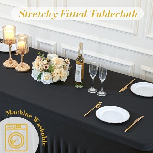 Besutolife 4 Pack Black Spandex Table Cloth for 6ft Rectangle Tables, Wrinkle Free Spandex Table Covers 6ft, Stretch Tablecloth with Skirt for Wedding Banquet Party Halloween Decorations